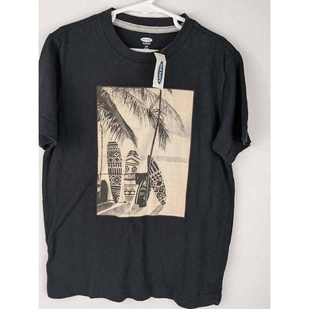Kids Old Navy Black Surfboard‎ Palm Tree Graphic T Shirt Size S P 6 7